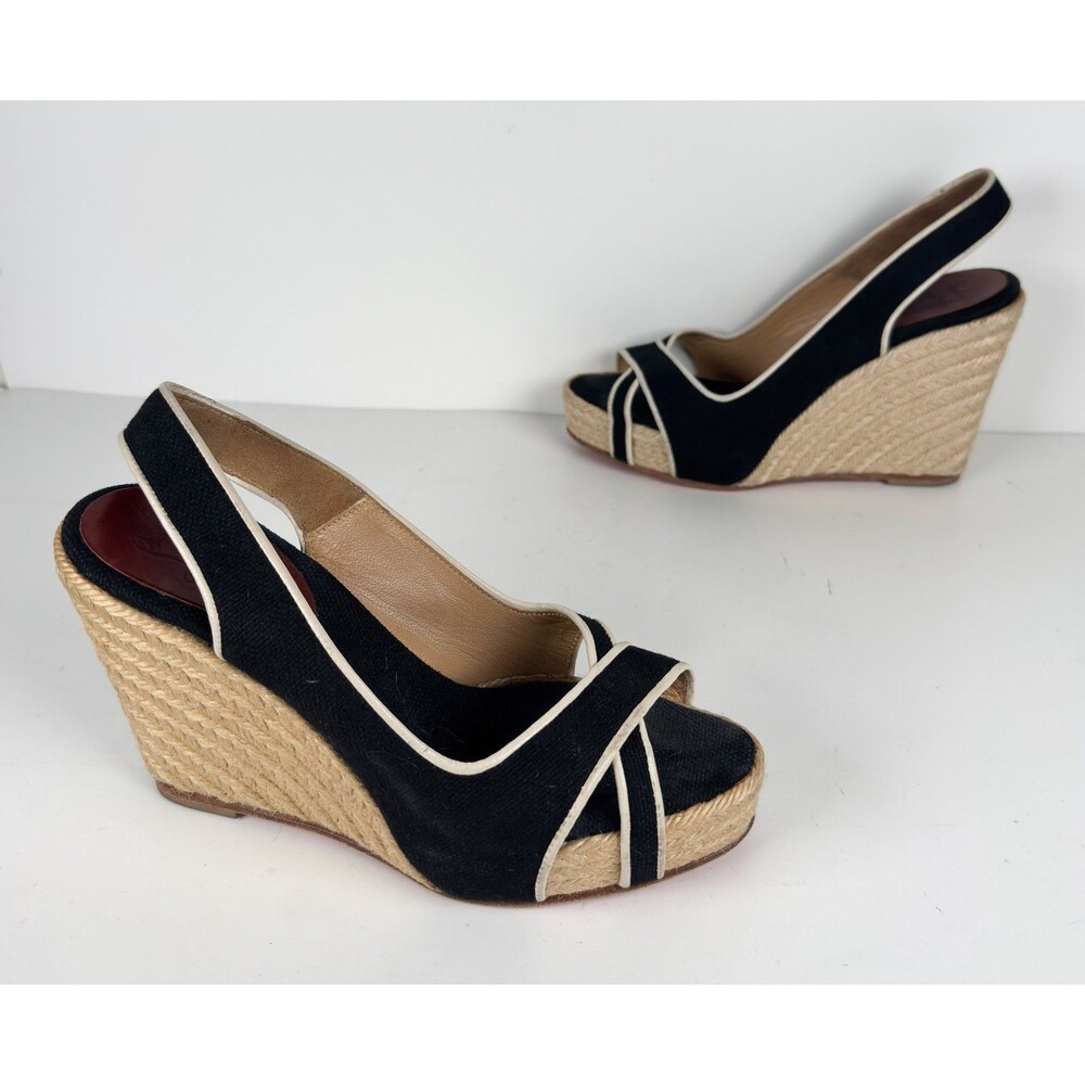 Christian Louboutin Piluca Black Cream Canvas Espadrille Wedge Sandal EU 37 US 7